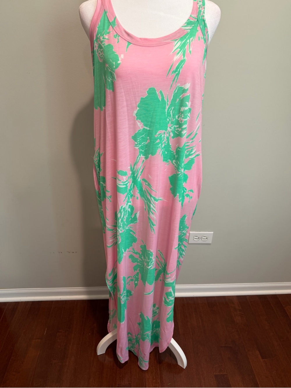 Sew In Love Pink Maxi Dress with Green Floral Print M With Pockets